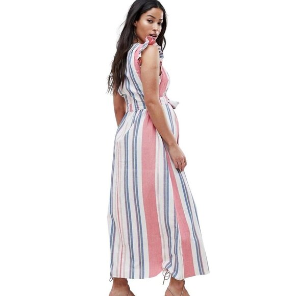 ASOS DESIGN Maternity Maxi Dress Womens Size 2 Tie Front Linen Stripe Cotton - Picture 4 of 15